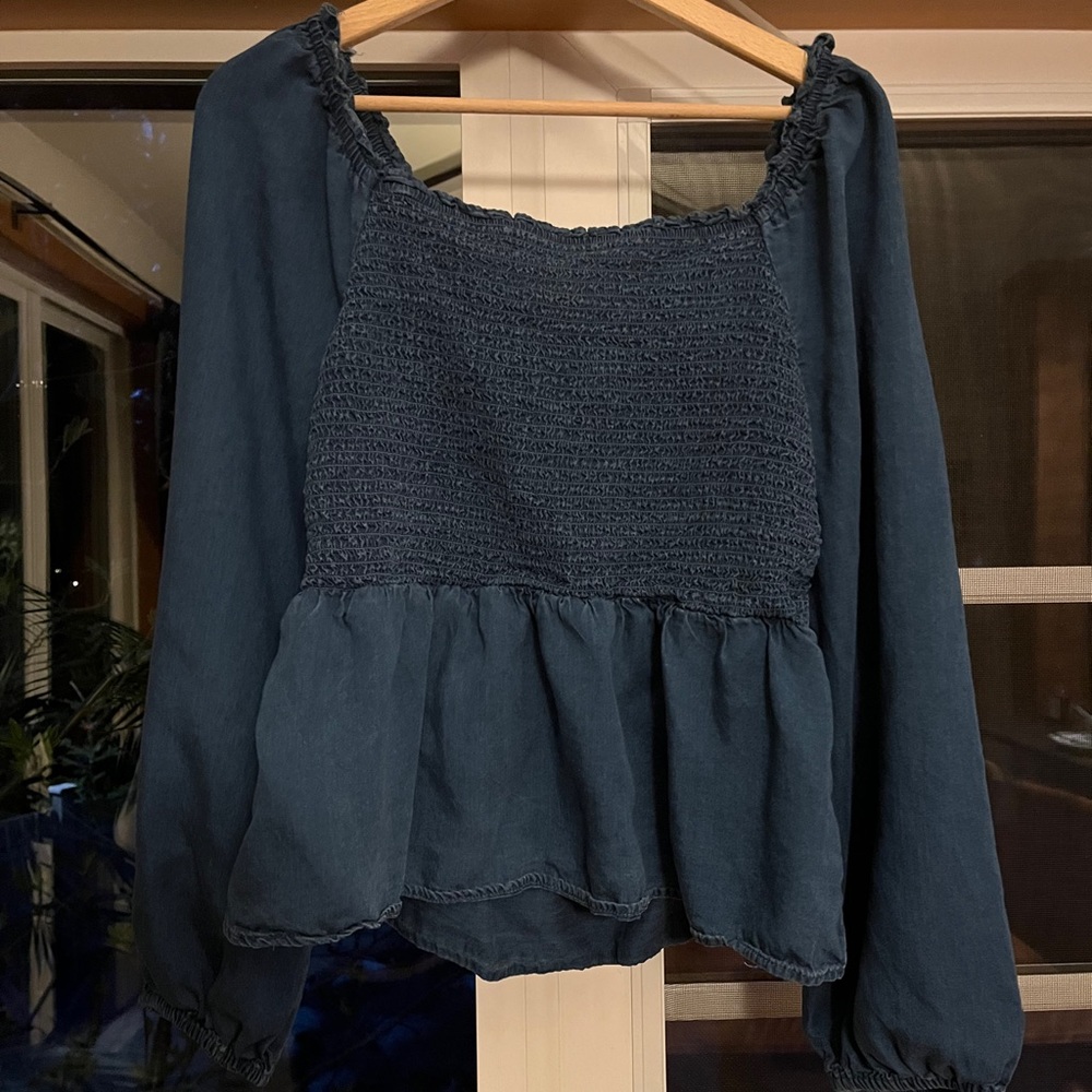 Blue Smocked Peplum Shirt